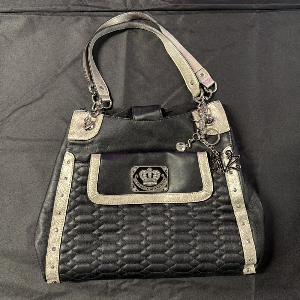 Kathy Van Zeeland Quilted Heart Handbag Vintage Y2K Shoulder Bag Silver Charms